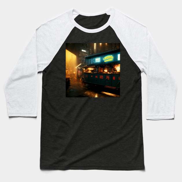 Ramen Truck - Cyberpunk Cityscapes Baseball T-Shirt by ArkMinted